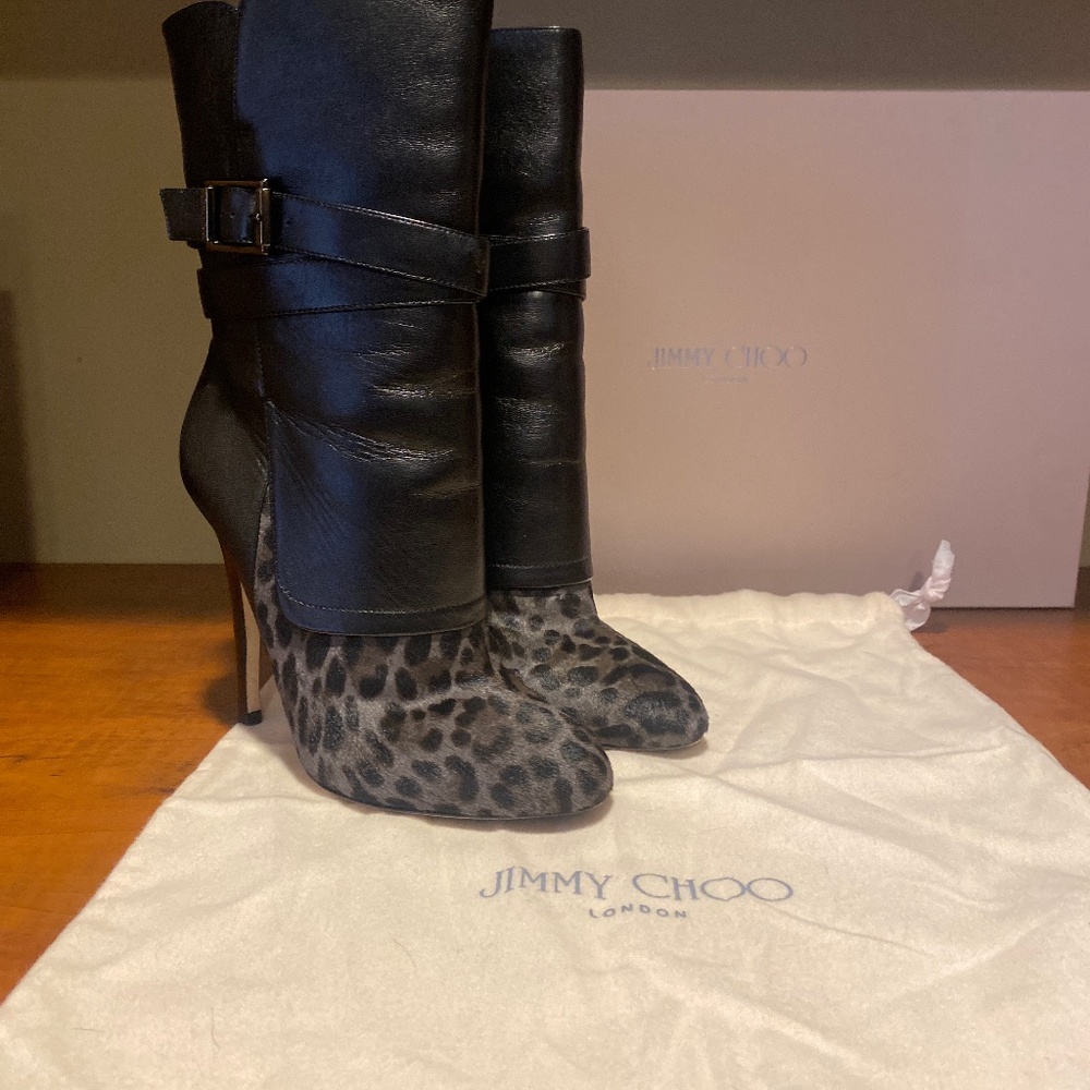 JIMMY CHOO Pony Skin Leopard Print Boots 37.5